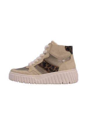 Beige high-top sneaker with thick ridged sole, white fuzzy laces, and leopard print accents on side and heel.
