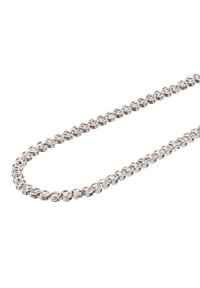 Silberne Kettenhalskette mit rechteckigen, ineinandergreifenden Gliedern auf einem weißen Hintergrund, teilweise aufgerollt dargestellt.