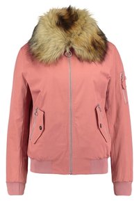 Růžová bombardérka s límcem z umělé kožešiny. Obsahuje kapsy na zip po stranách a žebrované manžety. Hladký povrch látky, ležérní design.