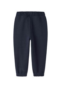 Granatowe spodnie z elastycznym paskiem, z mankietami u dołu, wykonane z miękkiej, elastycznej tkaniny; prosty krój nogawki z minimalnymi detalami.