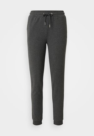 Pantaloni de trening gri închis dintr-un material moale, cu talie elastică și șnur, picioare conice și manșete la glezne.