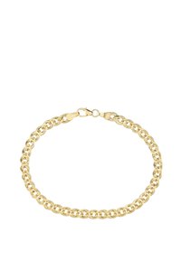 Bracciale a catena placcato oro, caratterizzato da anelli incrociati con una finitura liscia, fissato con un gancio a molla, di larghezza uniforme in tutto il bracciale.