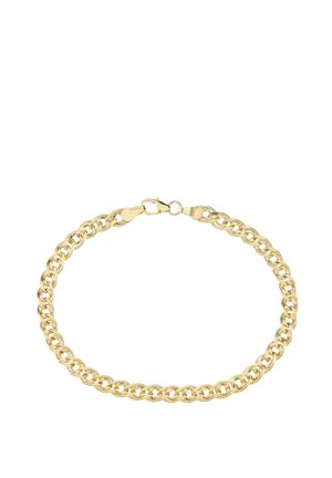 Gold-plated Kettenarmband, verfügt über miteinander verbundene Glieder mit einer glatten Oberfläche, gesichert mit einem Karabinerverschluss, einheitliche Breite über die gesamte Länge.