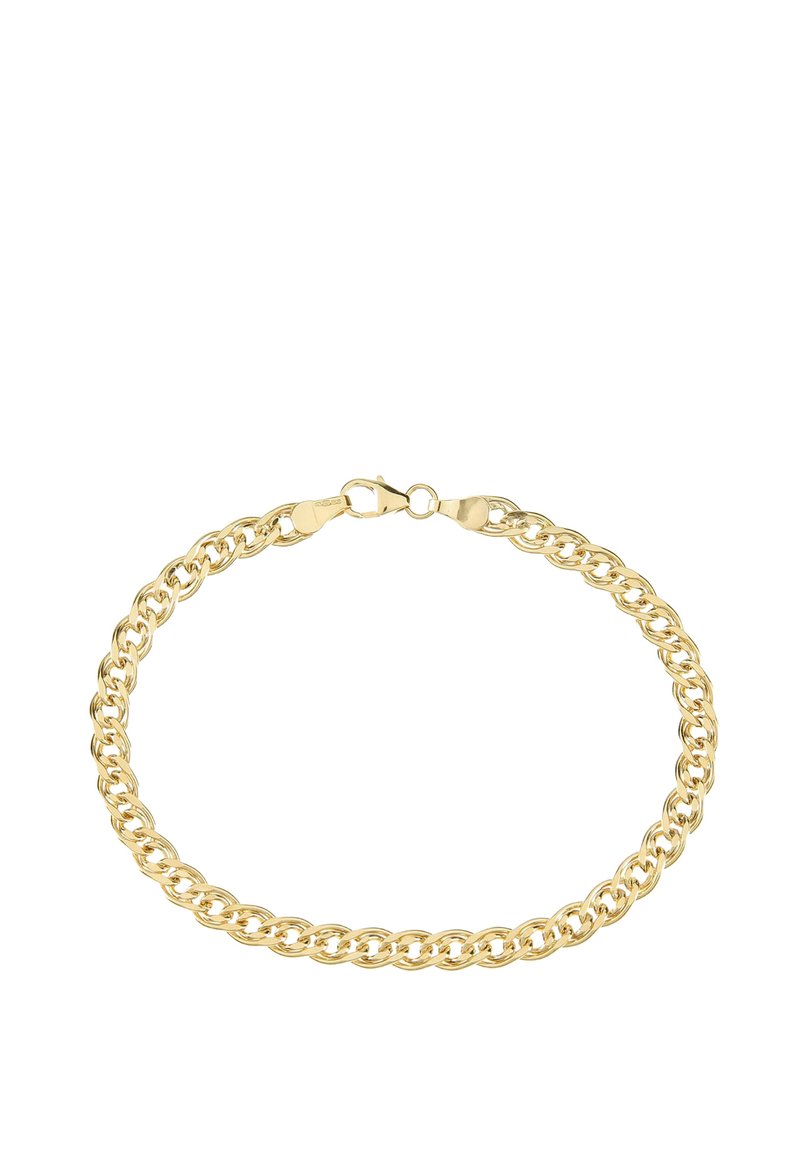 Bracciale a catena placcato oro, caratterizzato da anelli incrociati con una finitura liscia, fissato con un gancio a molla, di larghezza uniforme in tutto il bracciale.