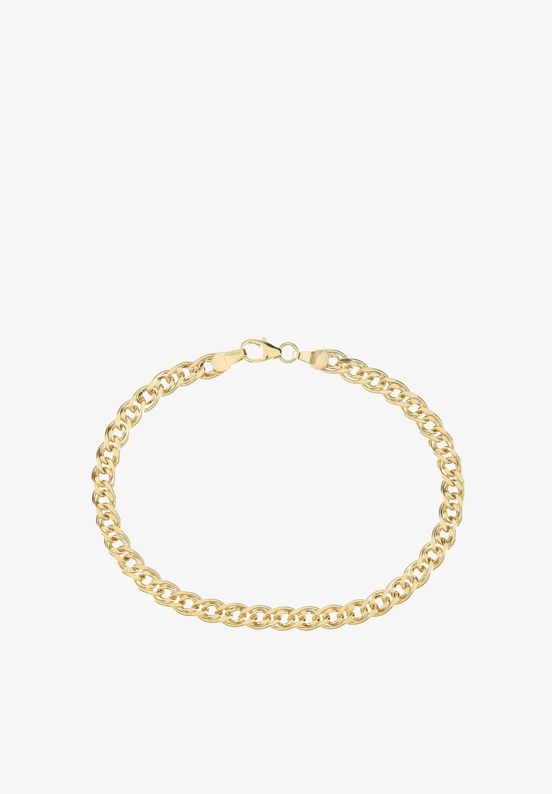 Kultaketjukaulaketju, jossa on toisiinsa kytkeytyviä renkaita, sileällä pinnalla, lukitus on rapu-klipsiin perustuva, tasainen leveys koko pituudelta.