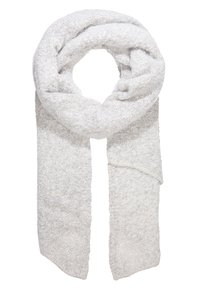 Écharpe gris clair en tissu doux et texturé. Présente un motif en boucle avec des extrémités effilochées et un motif subtil sur toute la surface.