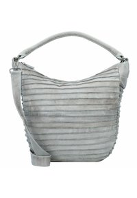 Szara skórzana torebka o fakturowanym, plisowanym wzorze. Charakteryzuje się miękkim, zaokrąglonym kształtem, odpinanym paskiem i subtelnymi detalami przeszyć.