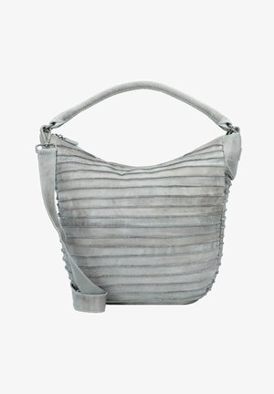 Borsa a tracolla in pelle grigia con design strutturato e plissettato. Presenta una forma morbida e curva, una tracolla staccabile e dettagli di cuciture sottili.