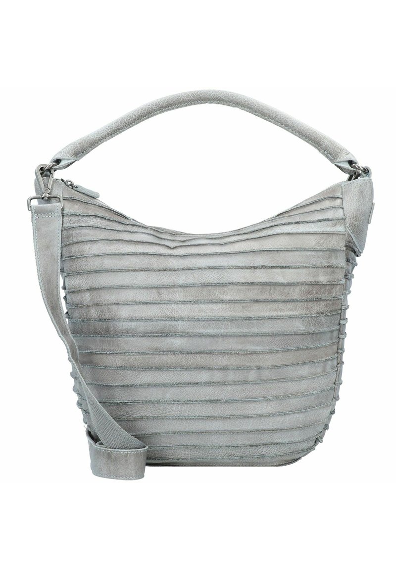 Szara skórzana torebka o fakturowanym, plisowanym wzorze. Charakteryzuje się miękkim, zaokrąglonym kształtem, odpinanym paskiem i subtelnymi detalami przeszyć.