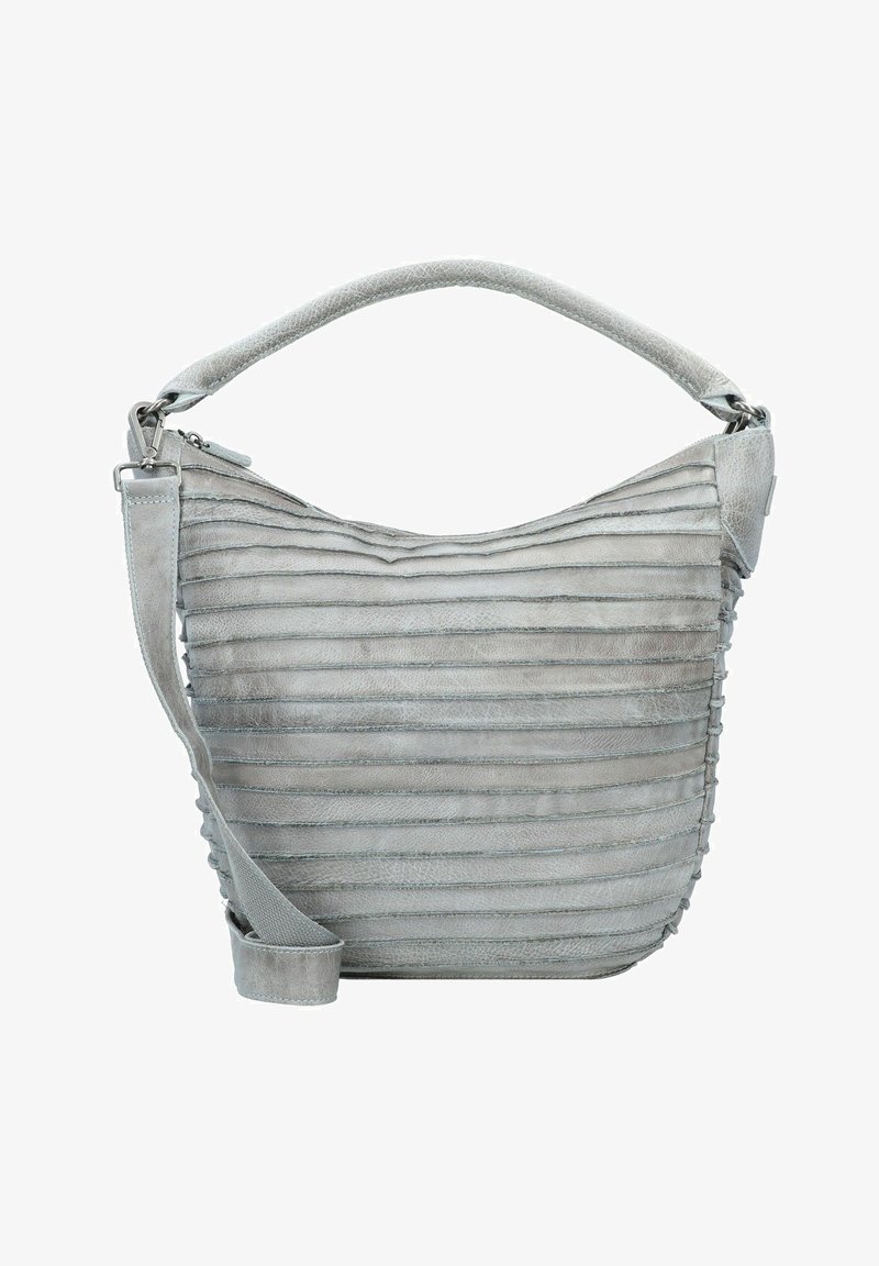 Szara skórzana torebka o fakturowanym, plisowanym wzorze. Charakteryzuje się miękkim, zaokrąglonym kształtem, odpinanym paskiem i subtelnymi detalami przeszyć.