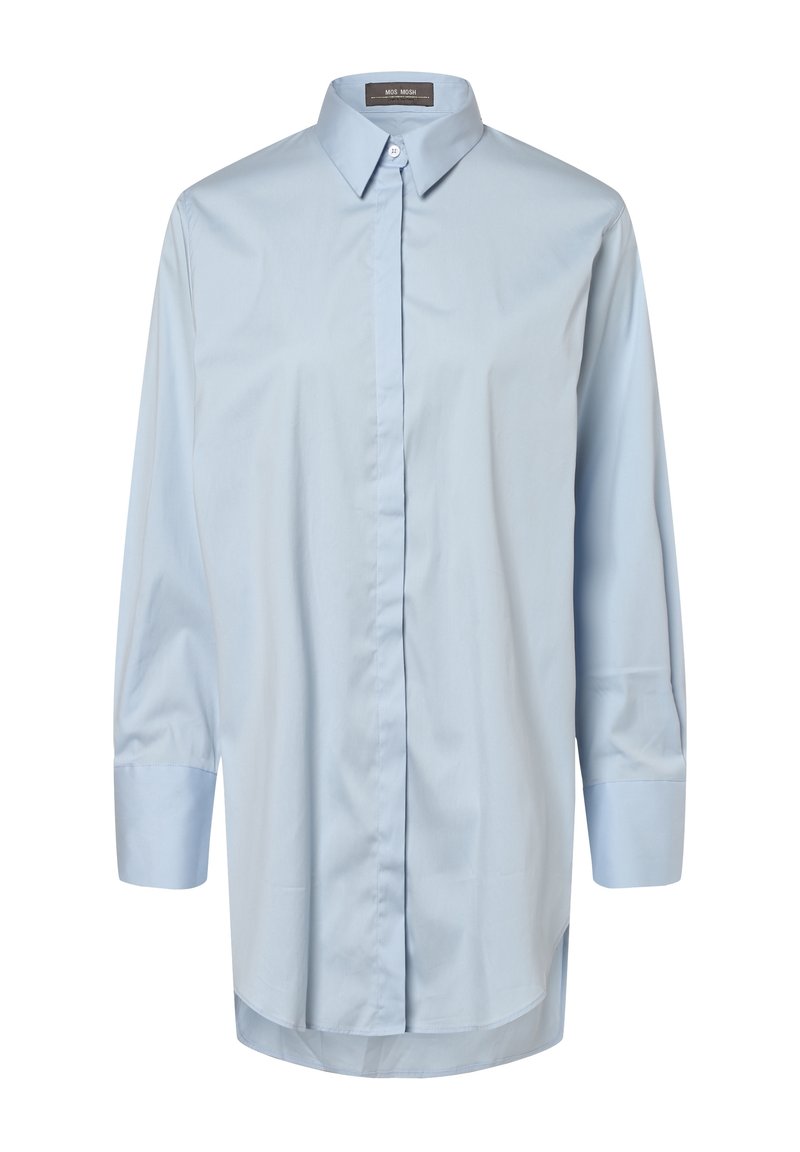 Jasnoniebieska koszula z długim rękawem, wykonana z gładkiej bawełny, z klasycznym kołnierzykiem typu button-down i prostym krojem z bocznymi rozcięciami.