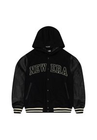 Black varsity jacket with a hood; fabric features suede body, leather sleeves, and striped ribbed cuffs. "NEW ERA" in contrasting text across the chest.