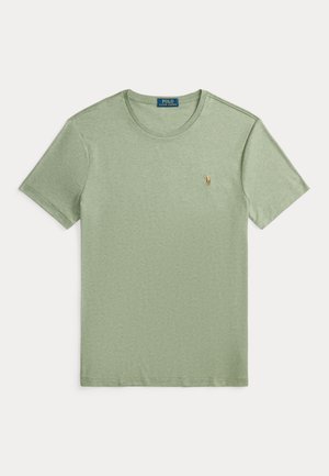 T-shirt de manga curta em verde claro com decote redondo e pequeno logotipo bordado da Polo Ralph Lauren no lado esquerdo do peito.