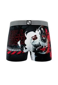 Boxer-briefs noirs avec un joueur de football portant un casque de crâne tenant une balle, le texte "BULL RUSH" et une ceinture rayée.