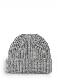 Gray knit beanie with ribbed texture, folded cuff, and a small logo tag. Made from wool or acrylic blend for warmth and comfort.