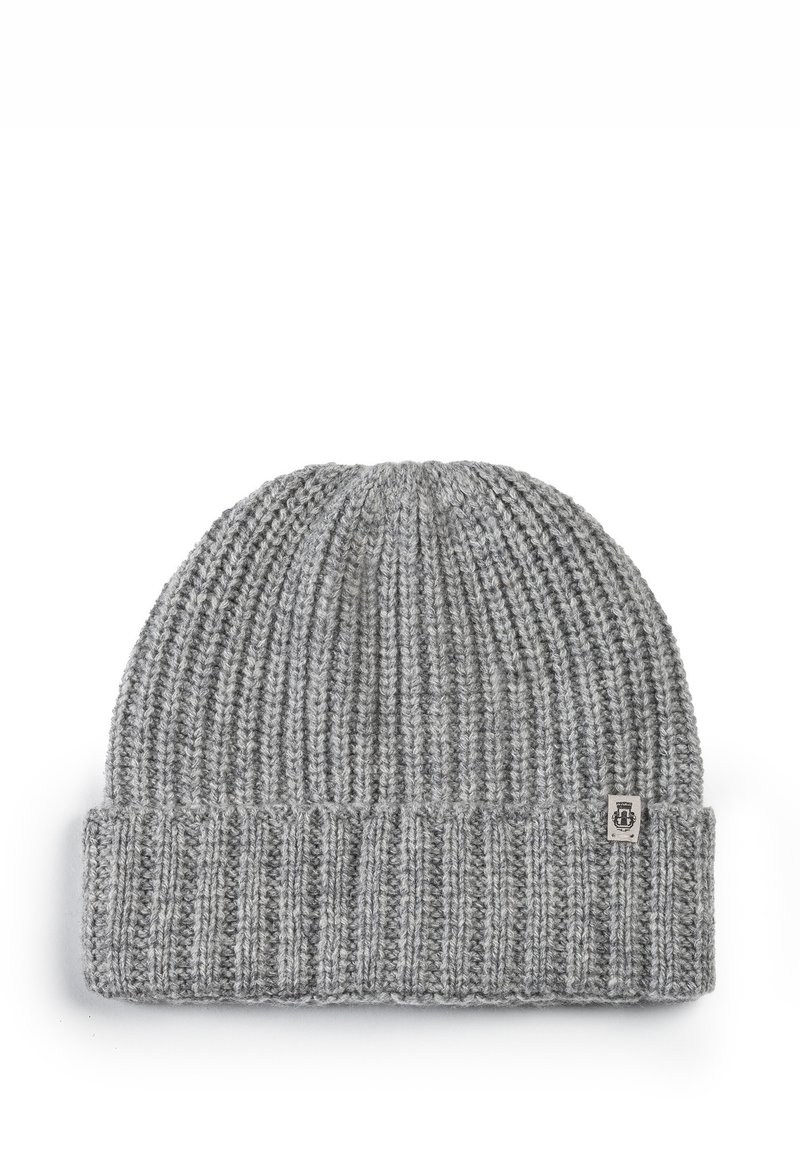 Gray knit beanie with ribbed texture, folded cuff, and a small logo tag. Made from wool or acrylic blend for warmth and comfort.
