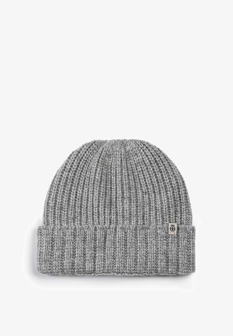 Gray knit beanie with ribbed texture, folded cuff, and a small logo tag. Made from wool or acrylic blend for warmth and comfort.