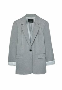 Šedý blejzr s klopovým límcem, jedním černým knoflíkem, dvěma předními kapsami a pruhovanými manžetami. Vyroben z texturované tkaniny, s hladkou podšívkou.