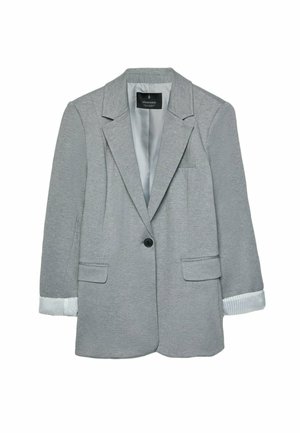 Grauer Blazer mit Reverskragen, einem schwarzen Knopf, zwei vorderen Taschen und gestreiften Bündchen. Aus strukturiertem Stoff gefertigt, mit glatter Fütterung.