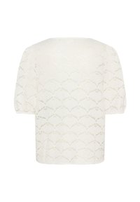 Blusa bianca in pizzo con un motivo a scallop, maniche a sbuffo corte e scollatura rotonda. Tessuto morbido e trasparente con una vestibilità morbida.