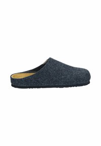 Gray felt clogs with a smooth texture and open back. Features a lightweight sole and soft beige lining.