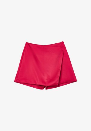 Rote Satin-Shorts mit klarer Gestaltung, ausgestattet mit hoher Taille und nahtlosem Schnitt. Glatte Textur mit leichtem Glanz.