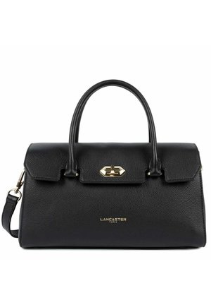 Zwarte leren handtas met gestructureerd ontwerp, bovenste handvat, afneembare schouderriem, gouden hardwareaccenten en geperst logo aan de voorkant.