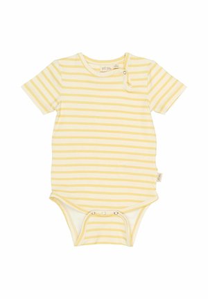 Body z krótkim rękawem wykonane z miękkiej bawełny, w żółto-białe poziome paski, z zapięciem na zatrzaski w dolnej części oraz okrągłym dekoltem.