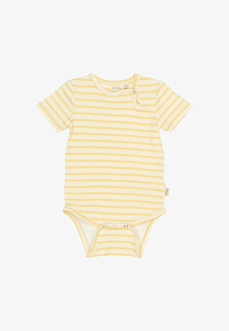 Bodysuit à manches courtes en coton doux, avec des rayures horizontales jaunes et blanches, fermeture à pression en bas et col rond.