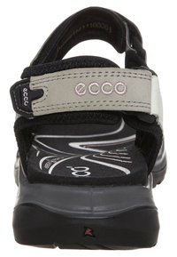 Ecco sandals featuring a black and gray design, suede and fabric materials, adjustable straps, and a textured rubber sole with a wave pattern.