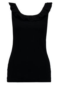 Sorte ærmeløs tanktop med blonderafslutning langs udskæringen og brede skulderstropper.