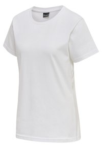 Witte T-shirt met korte mouwen en ronde hals, met een klein zwart logo labeltje aan de binnenkant achterin de hals, effen voorkant, normale pasvorm.