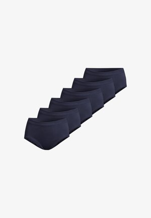 Sechs Paar marineblaue Baumwollslips mit glatter Textur, mittelhoher Passform und elastischem Bund, ohne zusätzliche Muster oder Grafiken.