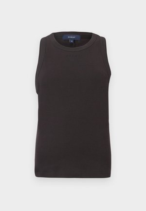 Débardeur côtelé noir sans manches avec encolure ronde et petit logo imprimé au centre devant sous le col, étiquette de taille à l'intérieur du col.