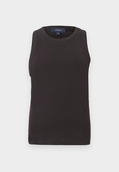 Débardeur côtelé noir sans manches avec encolure ronde et petit logo imprimé au centre devant sous le col, étiquette de taille à l'intérieur du col.