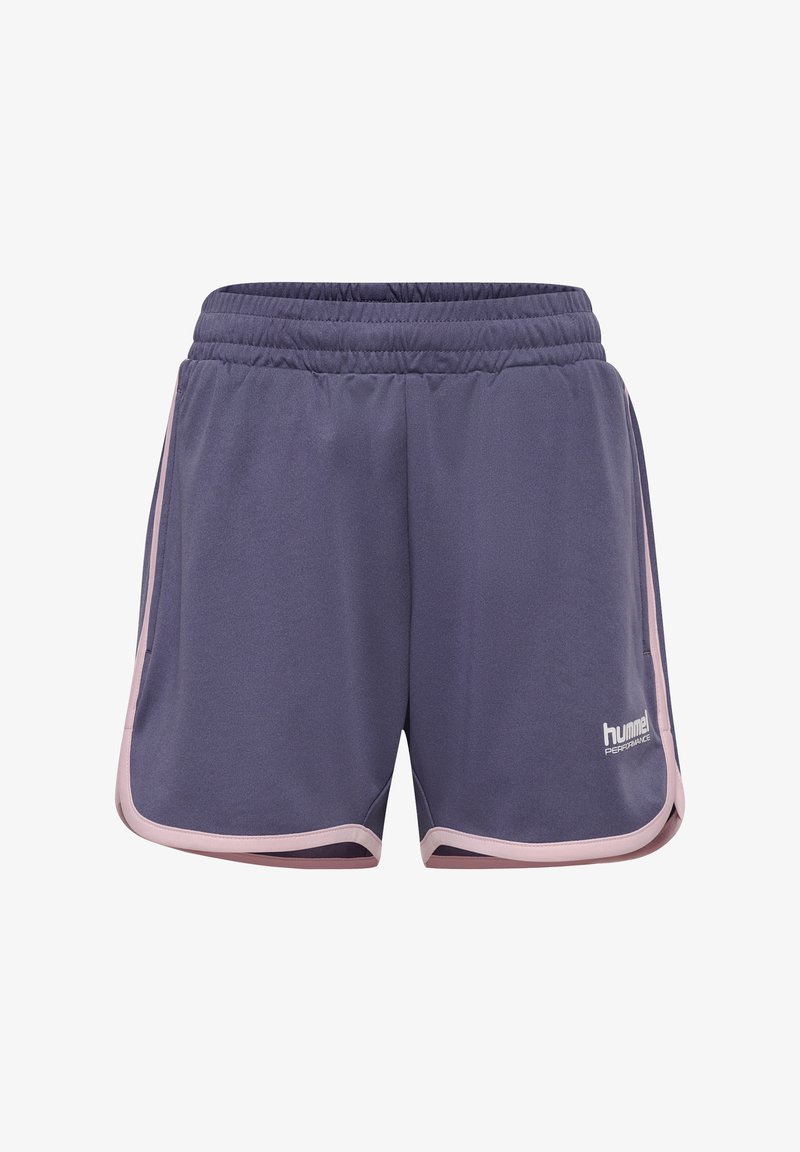 Lila träningsshorts med rosa detaljer, elastisk midja och logotyp fram. Tillverkade av lätt, slät material. Minimalistisk design.