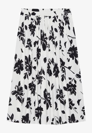 Pleated skirt in a black floral pattern on a white background. Features a waistband and textured fabric.