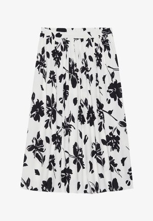Plissérok met een zwart bloemenpatroon op een witte achtergrond. Bevat een tailleband en een textuurstof.