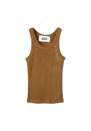 Canotta marrone senza maniche in mesh con scollo rotondo e etichetta Silvian Heach all'interno del colletto.