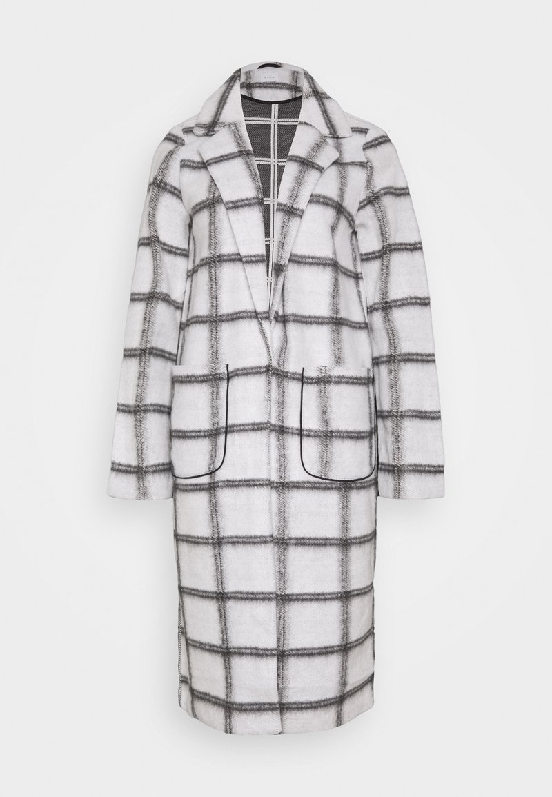 Long manteau blanc avec motif à carreaux effet fenêtre noir aux bords doux, larges revers, deux poches avant, et ourlet longueur genou.