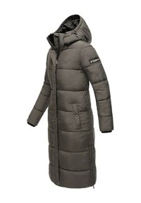 Long, dark gray puffer coat with a hood, featuring a zip front, side pockets, and stitched quilted panels. Includes logo detail on the sleeve.
