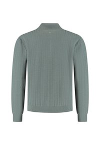 Groene gebreide trui met een geribbelde textuur, hoge kraag en lange mouwen. Het ontwerp heeft een zigzagpatroon over de gehele trui.