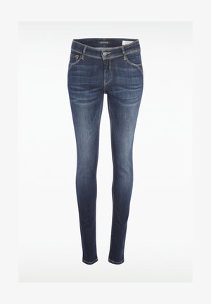 Kapeat farkut tummansinisestä denimistä, jossa on sileä pinta. Ominaisuuksiin kuuluu viisi taskua, vetoketjullinen suljinta ja kultaiset tikkauskoristukset saumoissa.