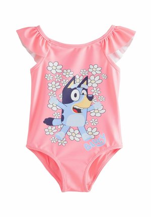 Maillot de bain une pièce rose avec des manches froncées. Présente un personnage de dessin animé sur le devant, entouré de marguerites blanches. Tissu lisse.
