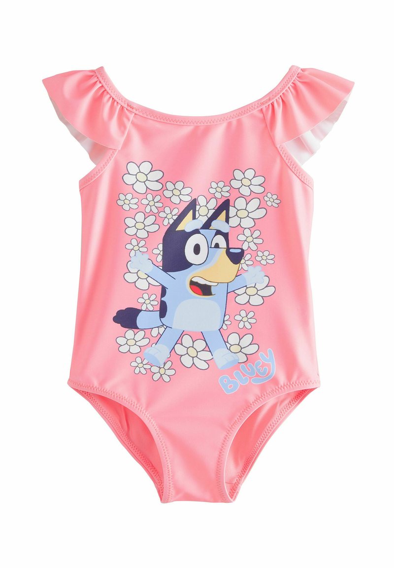 Costume da bagno intero rosa con maniche a volant. Presenta un personaggio dei cartoni animati sulla parte anteriore, circondato da margherite bianche. Tessuto morbido.