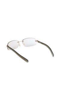 Occhiali da vista rettangolari senza montatura con ponte dorato sottile e astine trasparenti grigio scuro, mostrati su sfondo bianco.