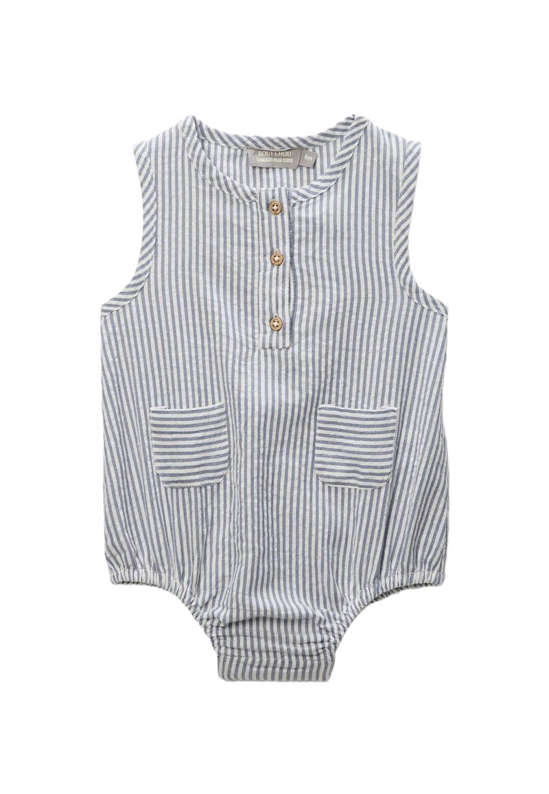 Combinaison pour bébé rayée en mélange de lin bleu et blanc, design sans manches, avec trois boutons en bois et deux poches avant. Jambes extensibles.