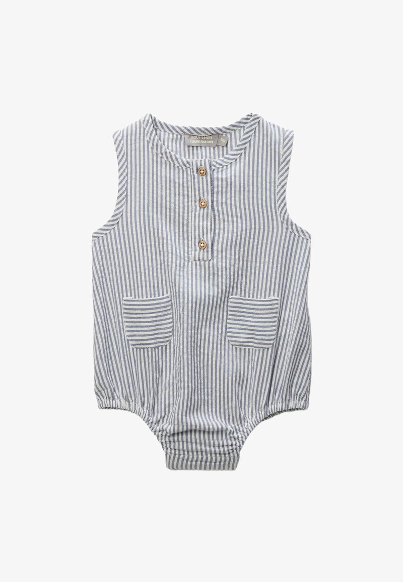 Combinaison pour bébé rayée en mélange de lin bleu et blanc, design sans manches, avec trois boutons en bois et deux poches avant. Jambes extensibles.
