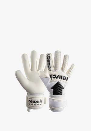 Doelmannenhandschoenen met een witte latex body, een getextureerd gripoppervlak, gevoerde vingerbescherming en zwarte logo-accenten met een pijl detail.