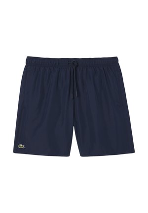 Costumi da bagno blu navy realizzati in tessuto leggero, dotati di un elastico in vita con cordino e di un piccolo logo verde.
